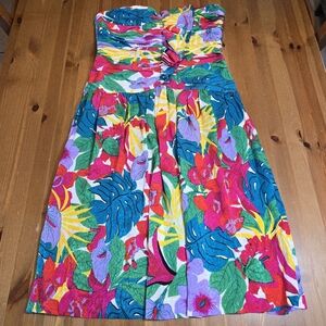 Vintage 80s Tropical Tiki Print Retro 100% Silk Strapless Ruched Dress Sz 12